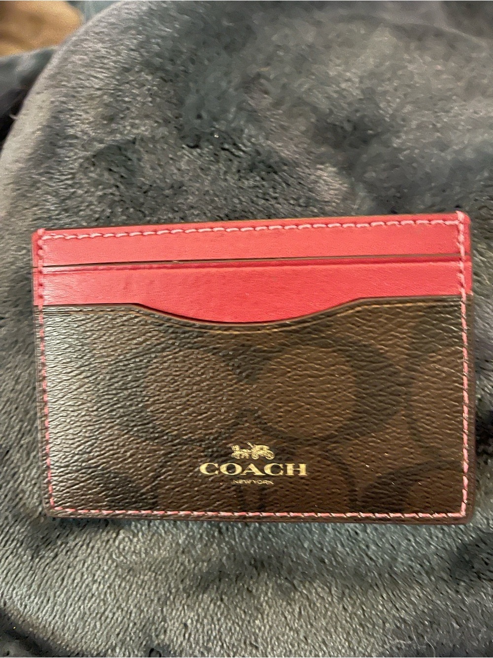 Coach Brown Signature Card Holder with Red Trim and Gold Logo